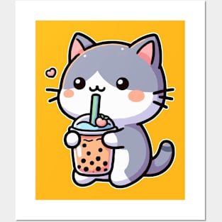 funny cat drink orange boba Posters and Art